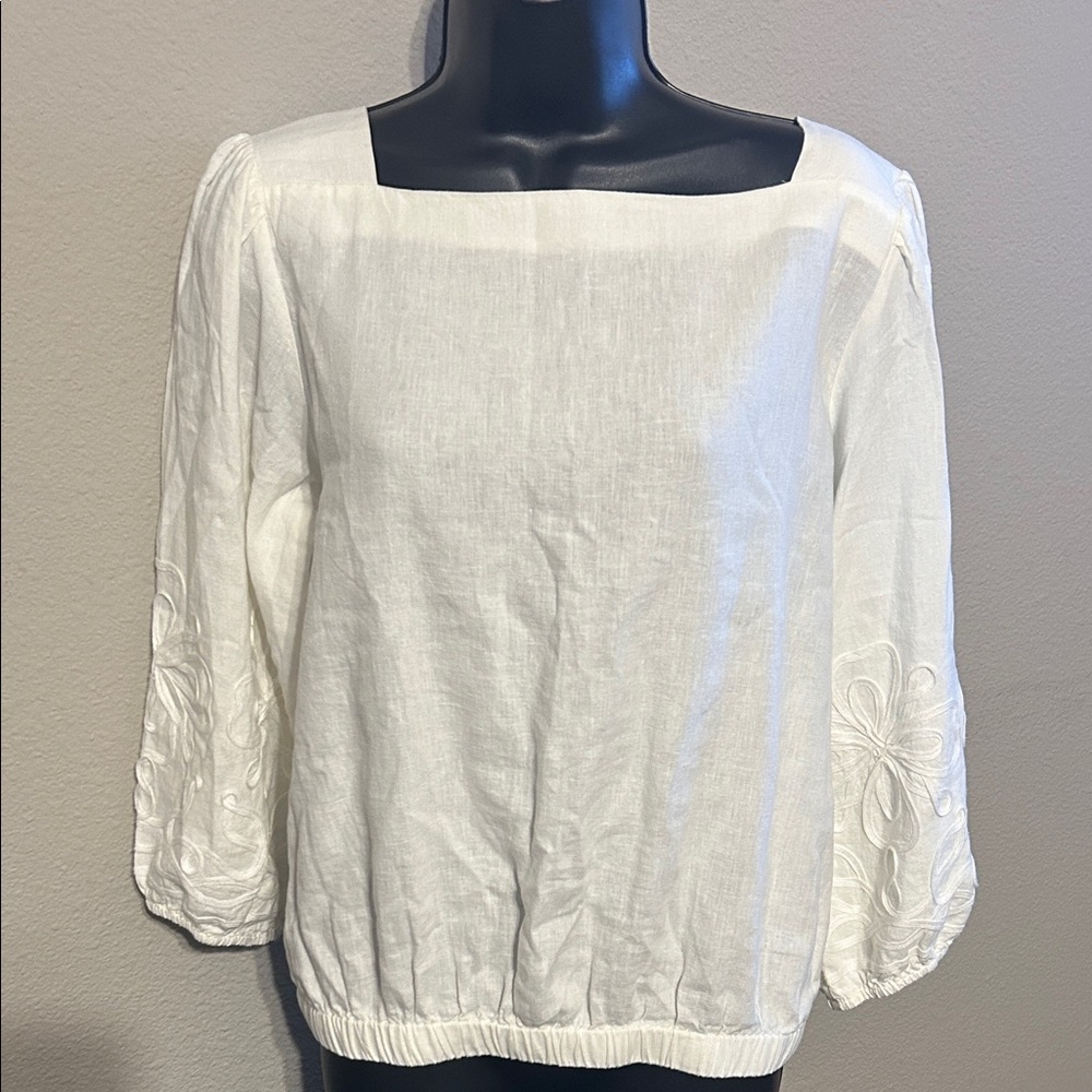 NWT Ann Taylor White Blouse with Embroidered Sleeves